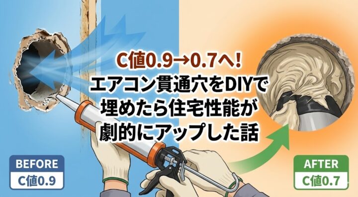 C値0.9→0.7へ!エアコン貫通穴をDIYで埋めたら住宅性能が劇的にアップした話