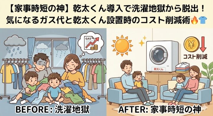 【家事時短の神】乾太くん導入で洗濯地獄から脱出！気になるガス代と乾太くん設置時のコスト削減術🔥👕