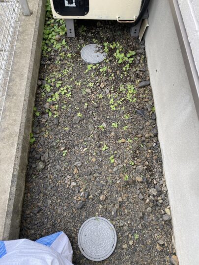 雑草が生えた家の裏の砕石敷きスペース